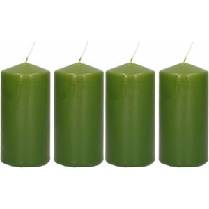 4x Olijfgroene cilinderkaarsen/stompkaarsen 5 x 10 cm 23 branduren - Geurloze kaarsen olijf groen - Woondecoraties