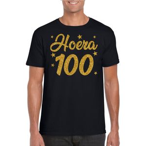 Hoera 100 jaar verjaardag cadeau t-shirt - goud glitter op zwart - heren - cadeau shirt