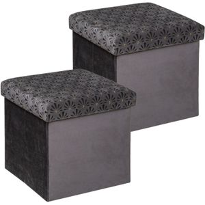 Atmosphera Poef/krukje/hocker Royal - 2x - Opvouwbare zit opslag box - fluweel Donkergrijs - D38 x H38 cm - MDF/polyester