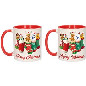 Set van 2x stuks kerstmis cadeau mokken - Merry Christmas - diertjes in kerstsokjes - 300 ml - keramiek - Kerst servies