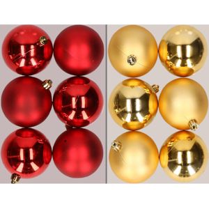 12x stuks kunststof kerstballen mix van rood en goud 8 cm - Kerstversiering