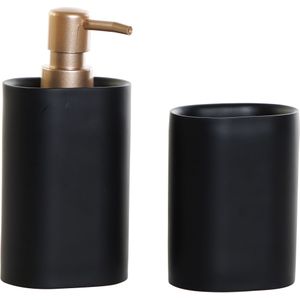 Badkamerset zeeppompje en beker/tandeborstelhouder mat zwart/rose goud kunststof 18 cm - badkamer accessoires