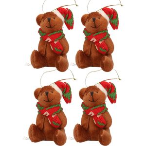 5x Kersthangers knuffelbeertjes bruin met gekleurde sjaal en muts 7 cm - Kerst hangdecoratie - Kerstboom versiering