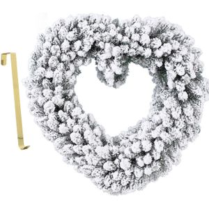 Kerstkrans - hart vorm - sneeuw - 50 cm- kunststof - incl. deurhanger