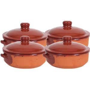 4x Stenen ovenschalen met deksel bruin 24 cm - Terracotta ovenschalen/braadpannen - pannetjes voor 1 persoon