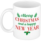 2x stuks cadeau kerstmok wit Merry Christmas and a happy new year - 300 ml - keramiek - mok / beker - Kerstmis/ oud en nieuw - kerstcadeau