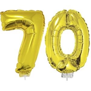 70 jaar leeftijd feestartikelen/versiering cijfers ballonnen op stokje van 41 cm - Combi van cijfer 70 in het goud
