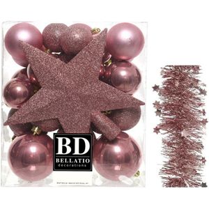 Kerstversiering kunststof kerstballen 5-6-8 cm met ster piek en sterren slingers pakket oud roze 35x stuks - Kerstboomversiering
