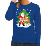 Foute kersttrui / sweater met de kerstman en rendier Rudolf blauw voor dames - Kersttruien