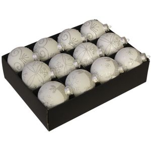 12x Glazen gedecoreerde witte kerstballen 7,5 cm - Luxe glazen kerstballen - kerstversiering wit