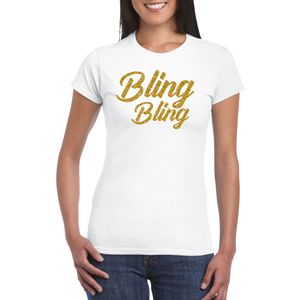 Bellatio Decorations Glitter glamour feest t-shirt dames - bling bling goud - wit
