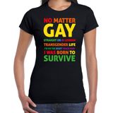 Bellatio Decorations Gay Pride t-shirt met tekst - dames - zwart - Born to survive - LHBTI/LHBTIQ