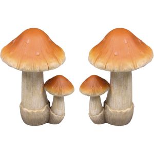 Deco huis/tuin beeldje paddenstoel setje - 2x - boleet - bruin/wit - 8 x 13 cm - Herfst decoratie
