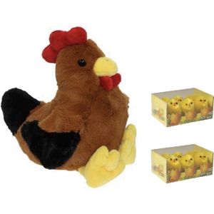 Pluche bruine kippen/hanen knuffel van 25 cm met 12x stuks mini kuikentjes 3,5 cm - Paas/pasen decoratie