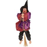 Halloween decoratie heksen pop op bezem - 2x - 44 cm - rood/goud