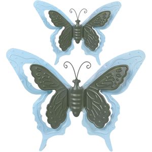 Mega Collections Tuin/schutting decoratie vlinders - metaal - blauw - 24 x 18 cm - 46 x 34 cm