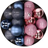 24x stuks kunststof kerstballen mix van donkerblauw en roze 6 cm - Kerstversiering