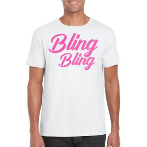 Bellatio Decorations Verkleed T-shirt voor heren - bling - wit - roze glitter - carnaval/themafeest