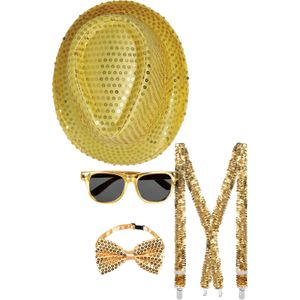 Carnaval verkleed set compleet - glitter hoedje/bretels/party bril/strikje - goud - heren/dames - verkleedkleding