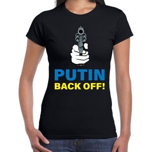 Putin back off t-shirt zwart dames - pistool- Oekraine protest/ demonstratie shirt met Oekraiense vlag in letters