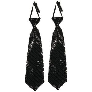 6x stuks zwarte pailletten stropdas 32 cm - Carnaval/verkleed/feest stropdassen