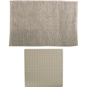 MSV Douche anti-slip mat en droogloop mat - Sevilla badkamer set - rubber/microvezel - beige