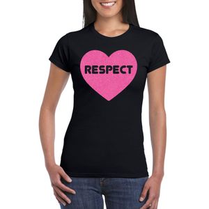 Bellatio Decorations Gay Pride T-shirt voor dames - respect - zwart - roze glitter hart - LHBTI