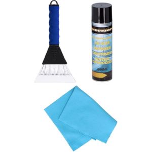 Autoramen IJskrabber soft grip 26 cm blauw  met ruiten ontdooi spray en anti-condens doek - Buiten en binnen ijsvrij