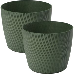 Form Plastic Plantenpot/bloempot Waves - 2x - kunststof - donkergroen - D15 x H12 cm - rond