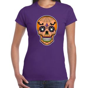 skelet gezicht day of the dead verkleed t-shirt paars voor dames - Carnaval / Halloween shirt / kleding / kostuum