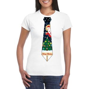 Wit kerst T-shirt voor dames - Kerstman en kerstboom stropdas print