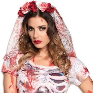Horror bruid haarband met bebloede sluier/bloemen voor volwassenen -  Bloederige diadeem - Halloween verkleed accessoire