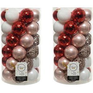 74x stuks kunststof kerstballen lichtroze(blush)/rood/wit 6 cm - mat/glans/glitter - Onbreekbare plastic kerstballen