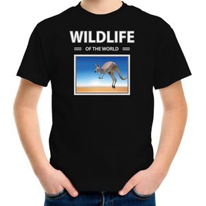 Dieren foto t-shirt Kangaroe - zwart - kinderen - wildlife of the world - cadeau shirt Kangaroes liefhebber - kinderkleding / kleding