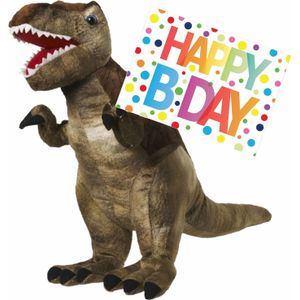 Pluche knuffel Dino T-rex 48 cm met grote A5-size Happy Birthday wenskaart - Verjaardag cadeau setje - Een knuffel sturen