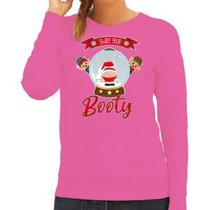 Bellatio Decorations foute kersttrui/sweater dames - Kerstman sneeuwbol - roze - Shake Your Booty