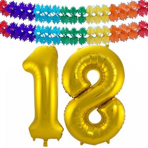 Folie ballonnen - Leeftijd cijfer 18 - goud - 86 cm - en 2x slingers