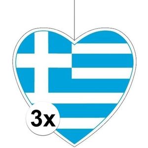 3x Hangdecoratie harten Griekenland 28 cm - Griekse vlag EK/WK landen versiering