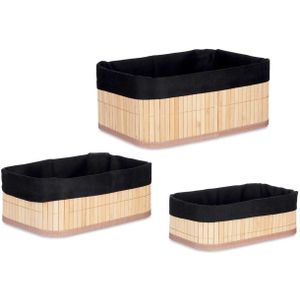 Kipit Badkamer/toilet ruimte opbergmandjes - bamboe/stof zwart - set 3x stuks - verschillende formaten