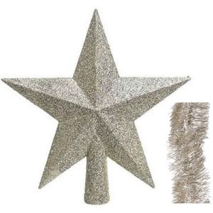 Kerstversiering kunststof glitter ster piek 19 cm en folieslingers pakket licht parel/champagne van 3x stuks - Kerstboomversiering