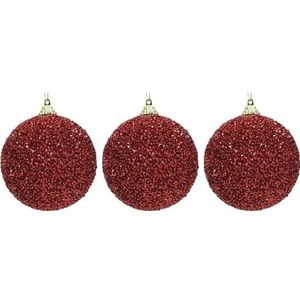 3x Kerst rode glitter/kralen kerstballen 8 cm kunststof - Onbreekbare kerstballen - Kerstboomversiering rood