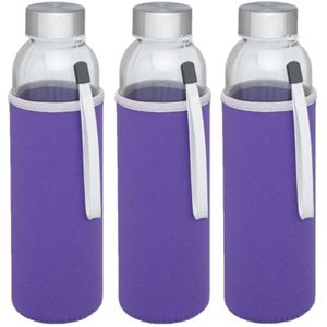 3x stuks glazen waterfles/drinkfles met paarse softshell bescherm hoes 500 ml - Sportfles - Bidon