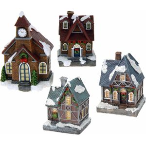 Kerstdorp huisjes set van 4x huisjes met Led verlichting 13.5 cm - Kleuren kunnen veranderen doorlopend voor extra sfeer