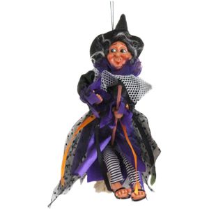 Halloween horror decoratie heksen pop op bezem - 25 cm - zwart/paars - Versiering/feestartikelen