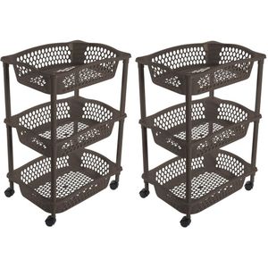 2x stuks keuken/kamer opberg trolleys/roltafels met 3 manden 62 x 41 cm cappuchino bruin - Etagewagentje met opbergkratten