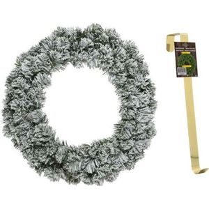 Groen/witte kerstkrans 40 cm Imperial met kunstsneeuw en met gouden hanger - Kerstversiering/kerstdecoratie kransen