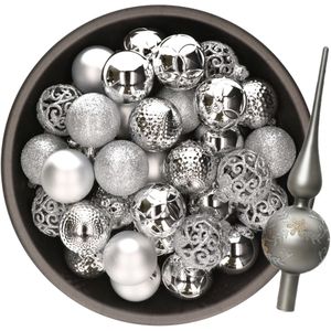 Kerstversiering set - 38-dlg - zilver - kunststof kerstballen en glazen piek
