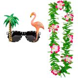 Tropische Hawaii party verkleed accessoires set - Funny zonnebril - en bloemenkrans groen/roze - voor volwassenen