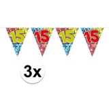 3x Mini vlaggenlijn / slinger - verjaardag 15 jaar - 300 cm