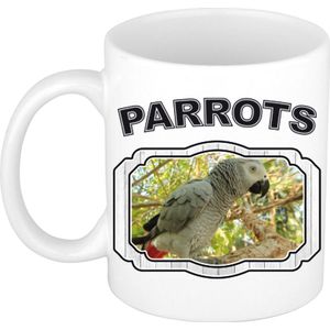 Dieren liefhebber grijze papegaai mok 300 ml - kerramiek - cadeau beker / mok papegaaien liefhebber